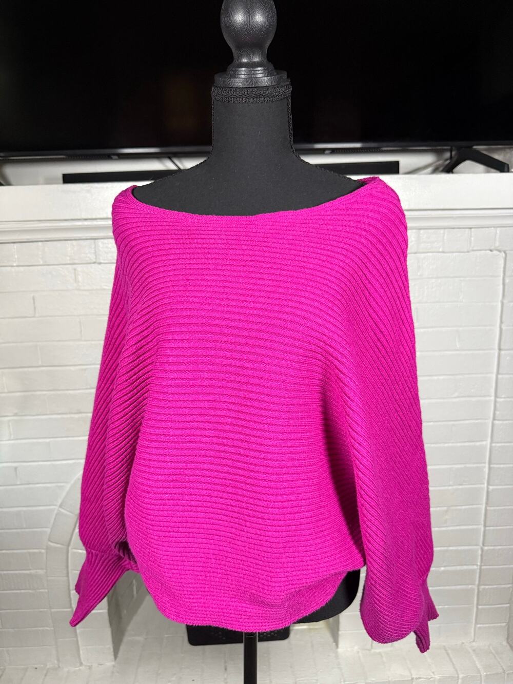 Pink Rose Magenta Ribbed Knit Oversized Crewneck Sweater Size L
